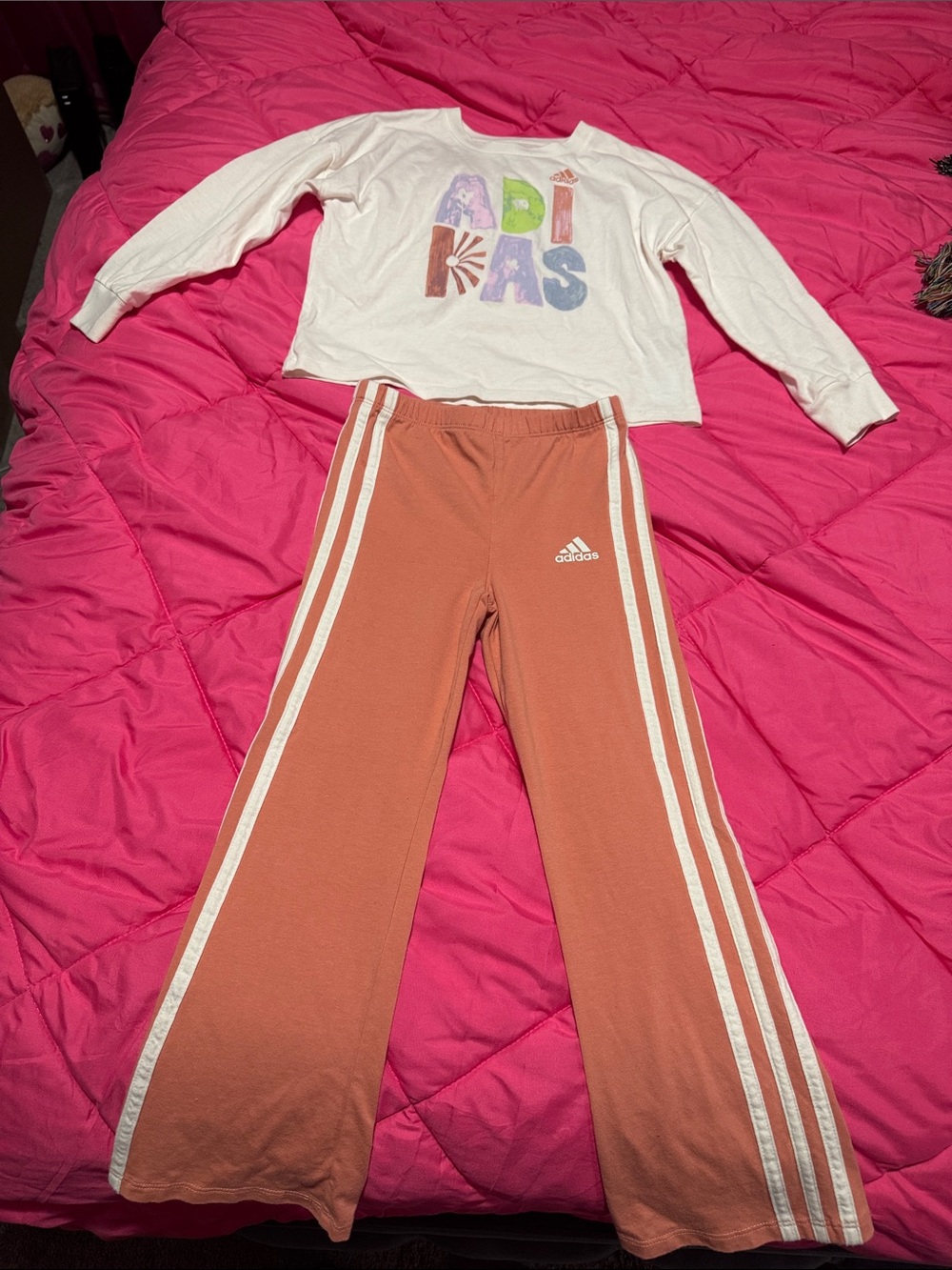 Girls flare leg adidas pants & long sleeve shirt set